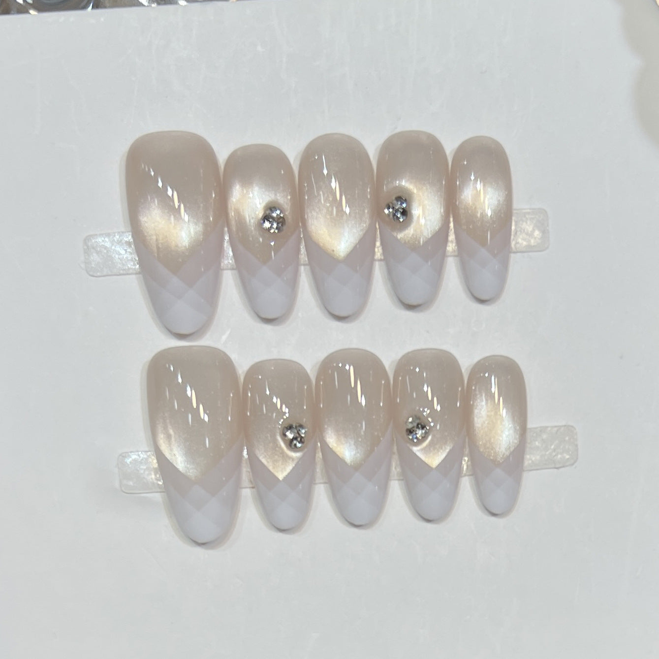 Elegant Geometric Press-On Nail Set with Rhinestone Detail Acalora
