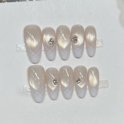 Elegant Geometric Press-On Nail Set with Rhinestone Detail Acalora