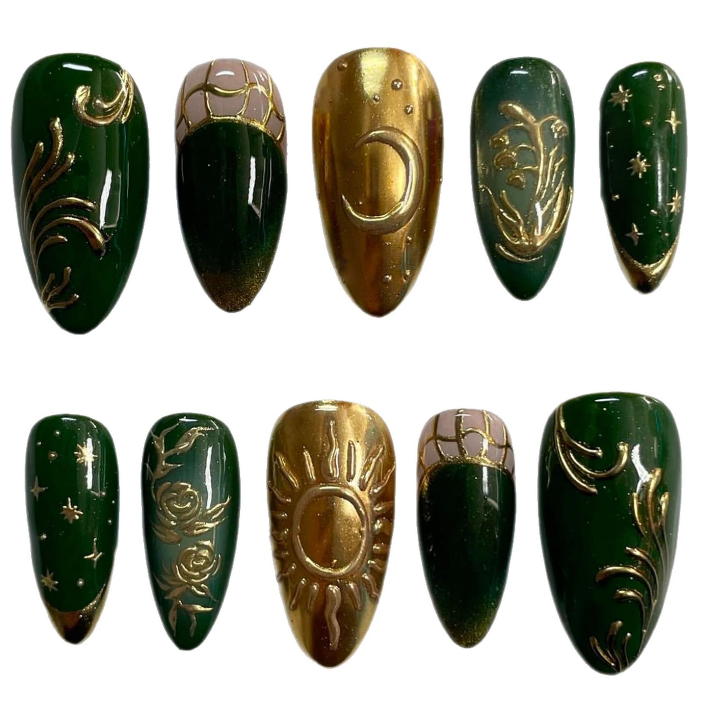 Artistic Press-On Nail Art Set with Celestial and Floral Designs Acalora
