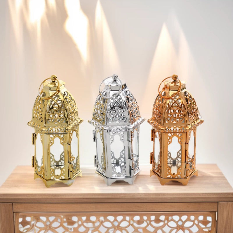 Intricate Cutwork Metal Tealight Lantern with Hinged Glass Panels Acalora