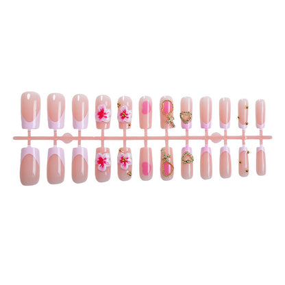 Decorative Floral Press-On Nail Set with Gem Accents Acalora