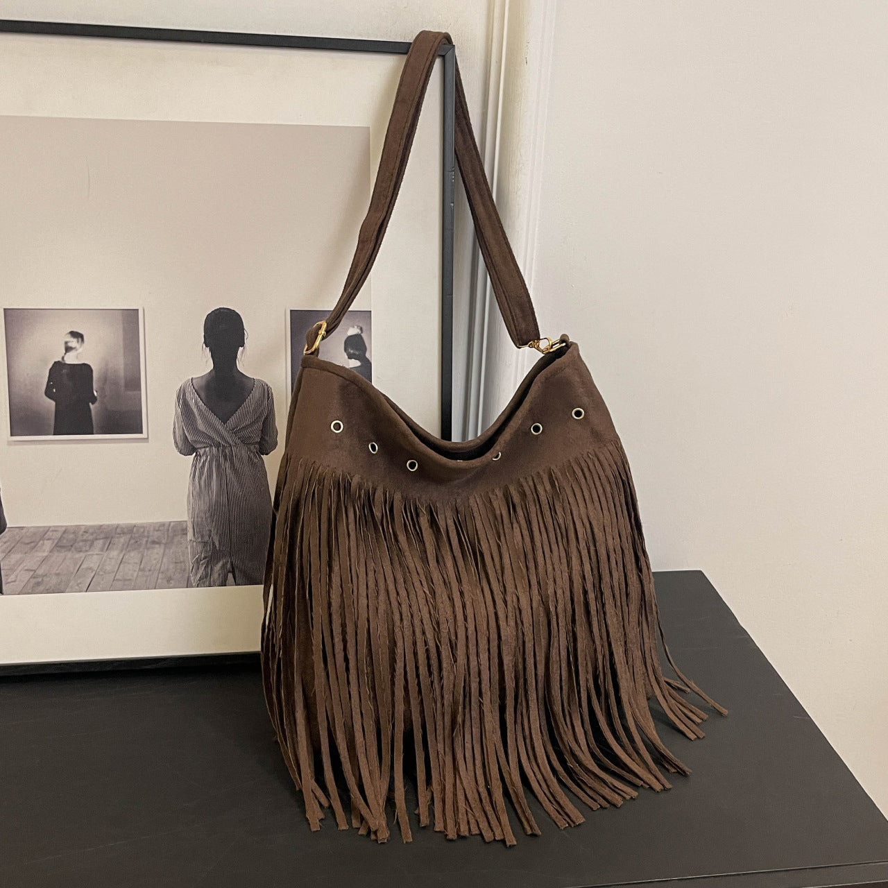 Suede Fringe Shoulder Bag Acalora