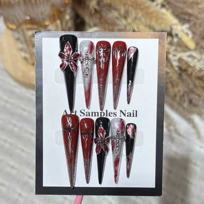 Artistic Stiletto Press-On Nail Set with Unique Gothic Design Elements Acalora