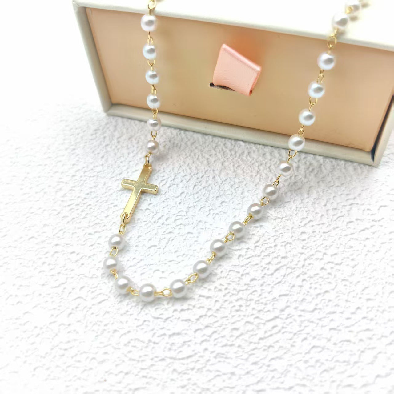 BowLift | Dainty Faux Pearl Cross Station Choker Necklace