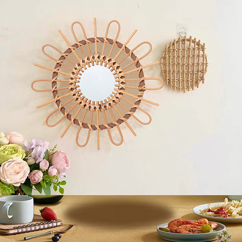 Trendy Round Wall Mirror with Rattan Frame Acalora