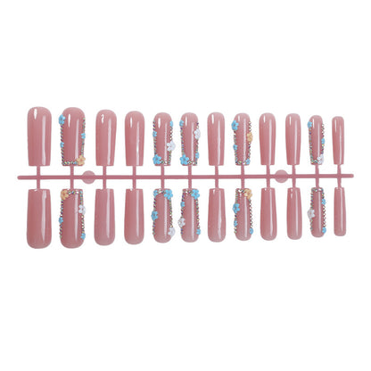 Decorative Press-On Nail Set with Floral and Gemstone Accents Acalora
