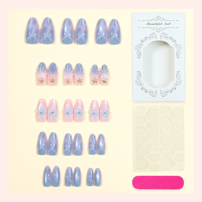 Artistic Press-On Nail Set with Iridescent Shell Accents Acalora
