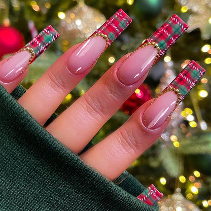 Artistic Press-On Nail Set with Plaid and Gold Accents Acalora
