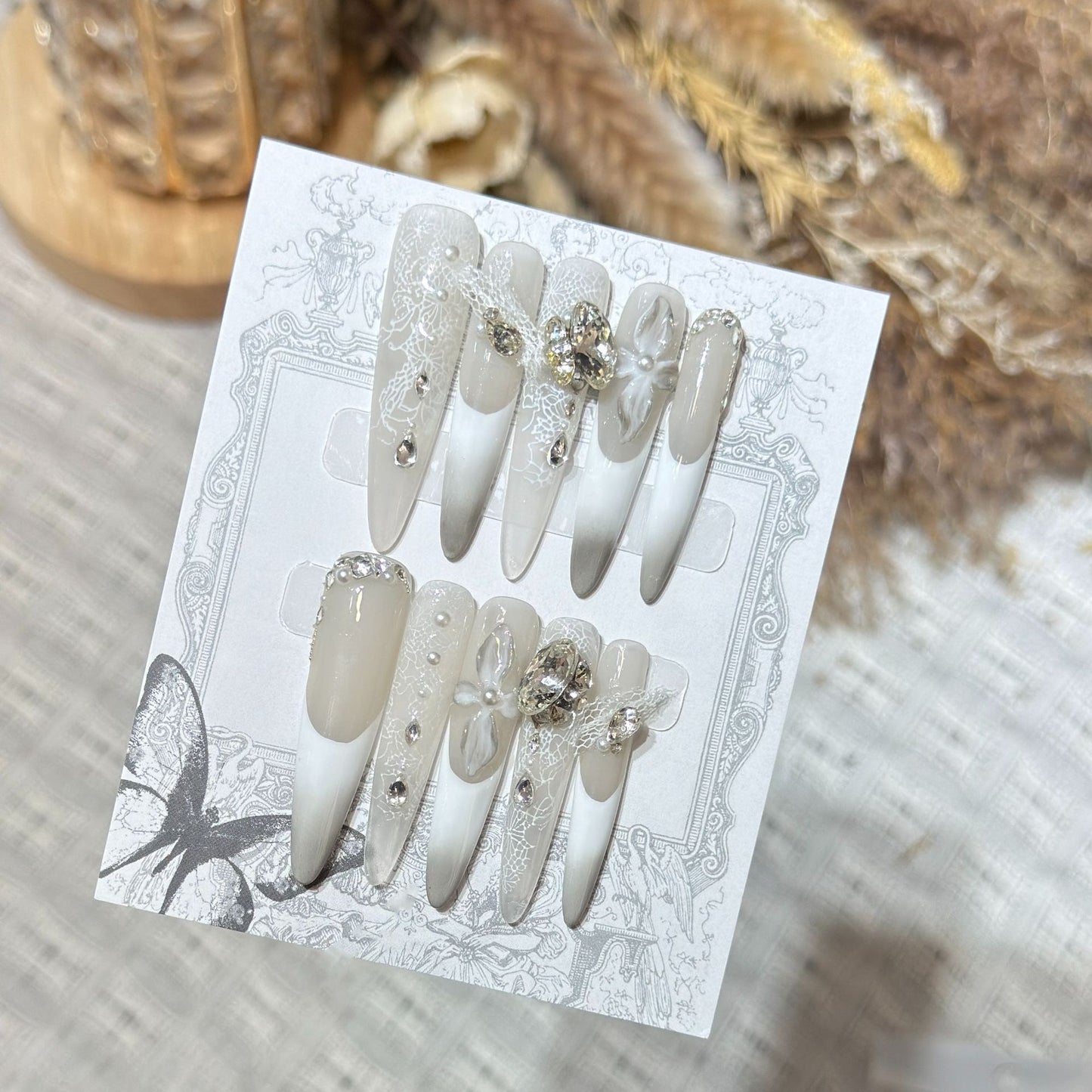 Decorative Stiletto Press-On Nail Art Set with Elegant Lace and Gemstone Accents Acalora