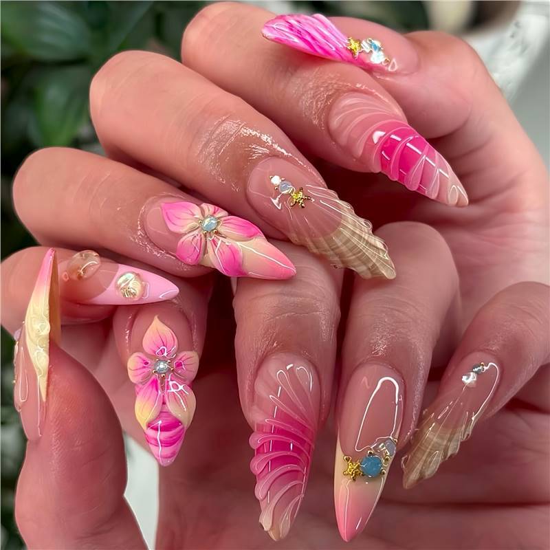 Artistic Press-On Nail Set with Floral and 3D Accents Acalora