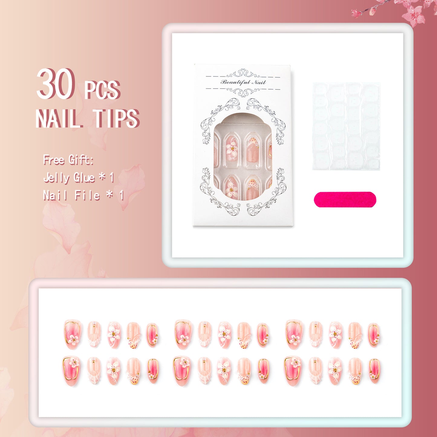 Nail set with floral design and elegant accents Acalora