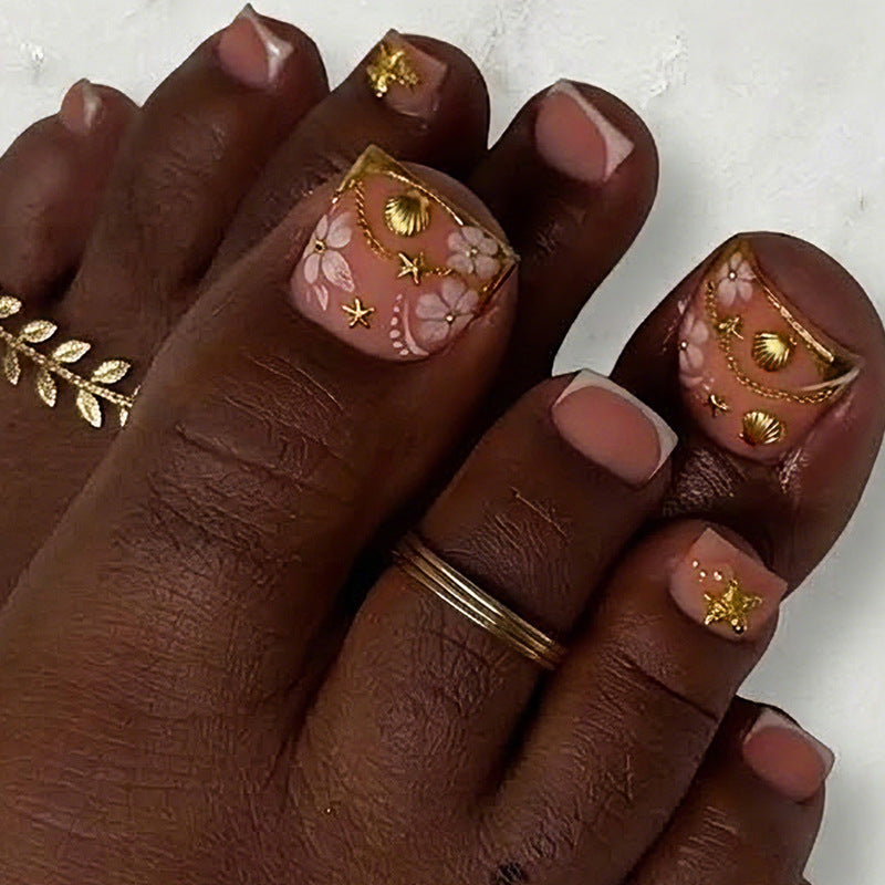 Floral Design Press-On Nail Set with Gold Accents Acalora