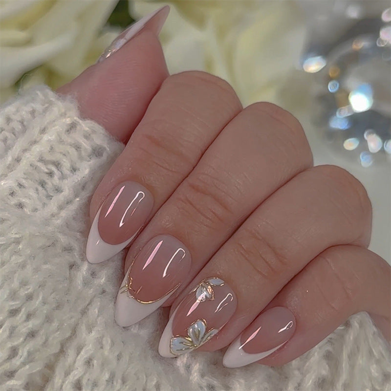 Floral Design Press-On Nail Set with Elegant French Tips Acalora