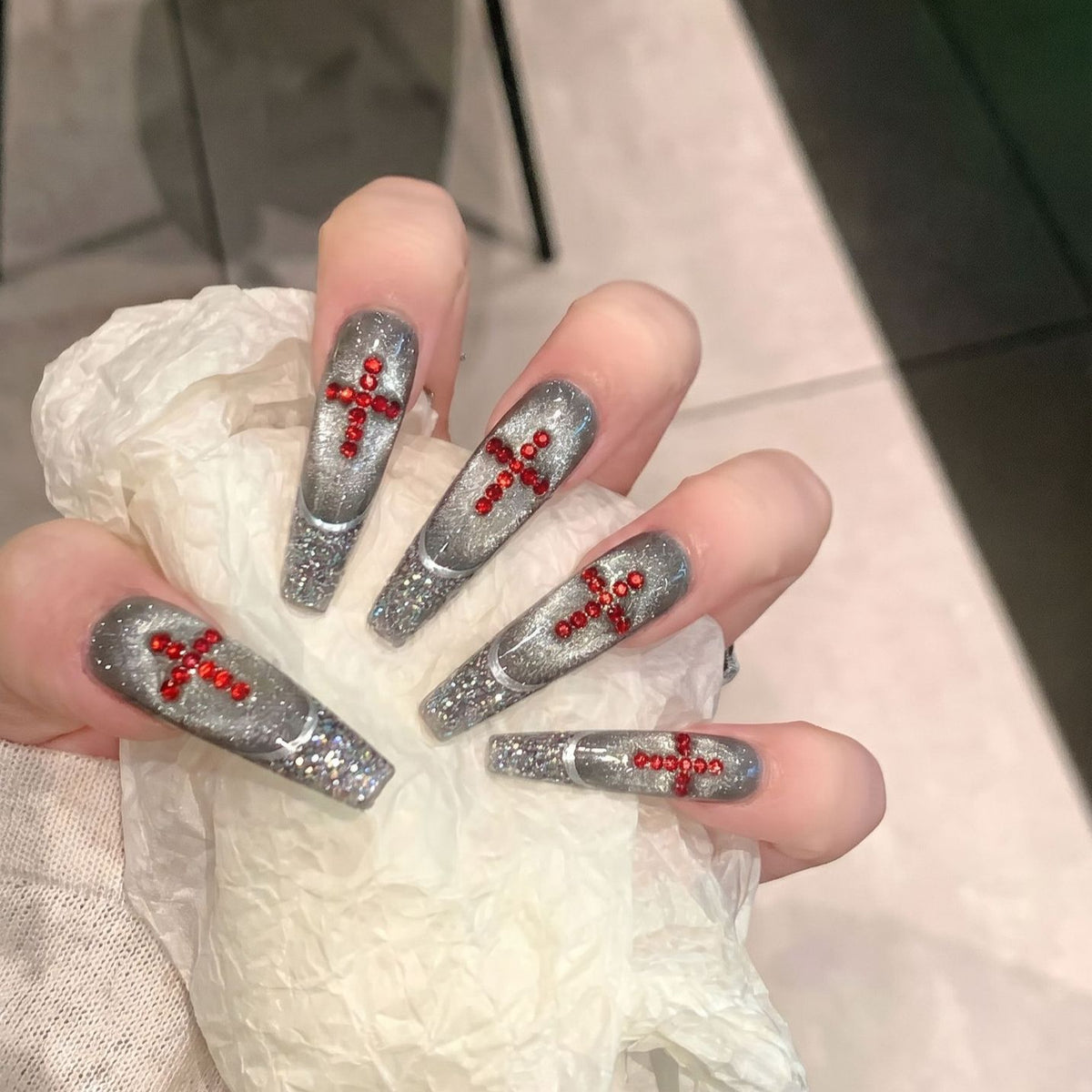 Luxury Glitter Press-On Nail Set with Crystal Accents Acalora