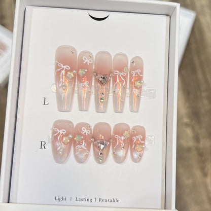 Elegant Press-On Nail Art Set with Chic Ribbon and Gem Accents Acalora