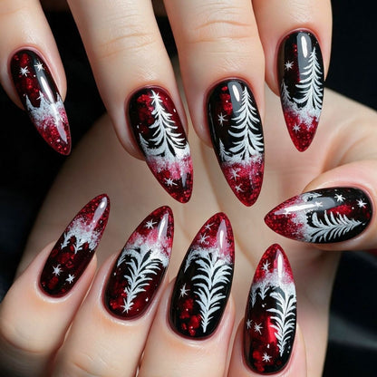 Artificial nails in festive Christmas design with elegant glitter Acalora
