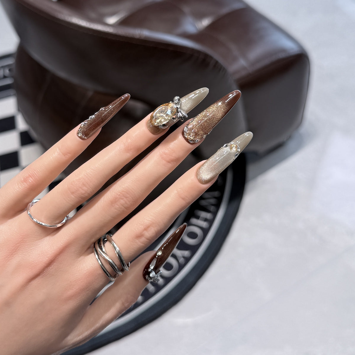 Artistic Stiletto Press-On Nail Set with Gemstone Accents Acalora