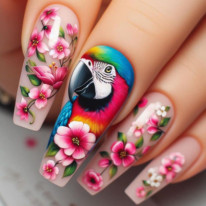 Exquisite Artificial Nails with Colorful Flower and Parrot Design Acalora