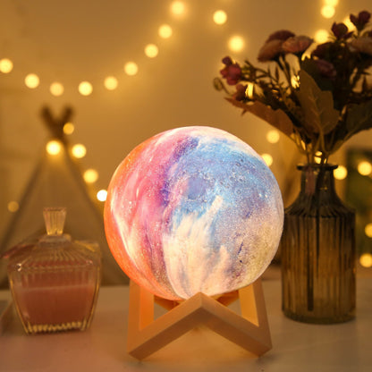 3D Lunar Texture LED Orb Night Lamp with Wooden Geometric Stand Acalora