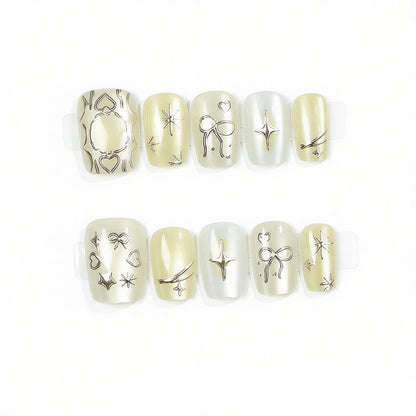 Creative Press-On Nail Art Set with Unique Silver Patterns Acalora