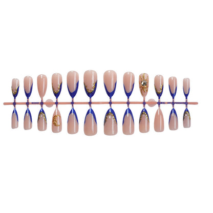 Premium Decorative Press-On Nail Set with Gold and Blue Accent Designs Acalora
