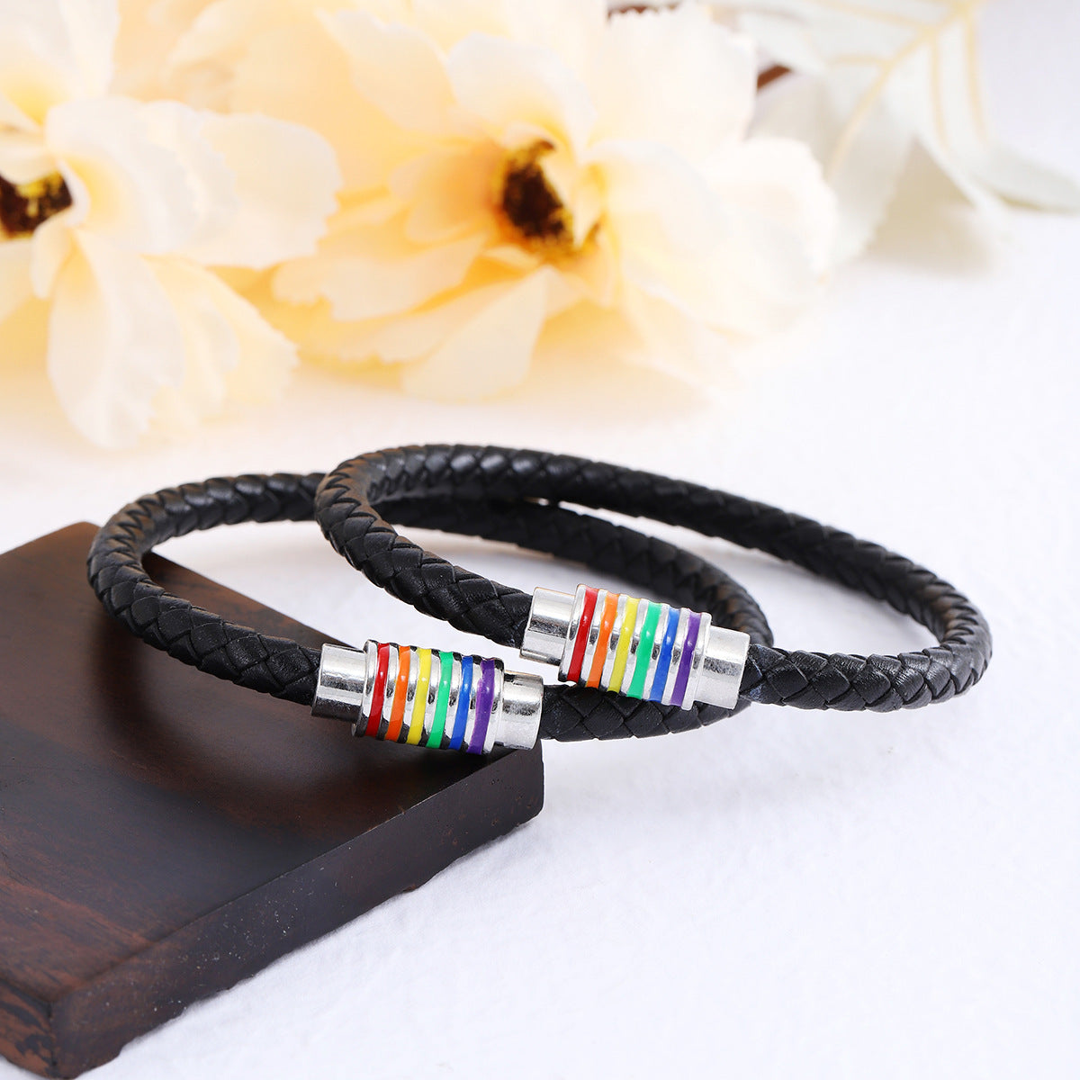 Leather Braided Bracelet with Colorful Accent Acalora