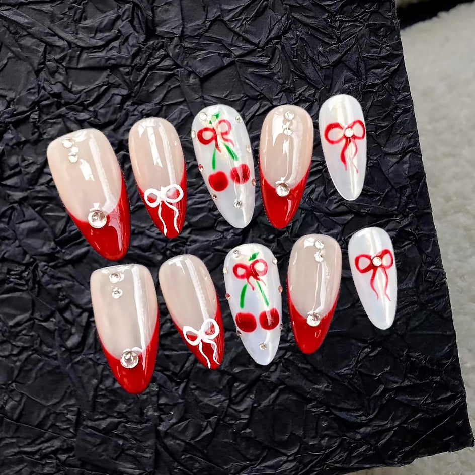 Artistic Press-On Nail Set with Cherry and Ribbon Design Acalora