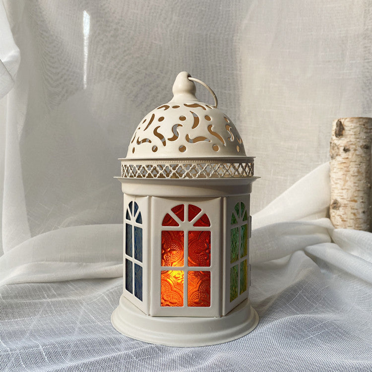 Ornate Metal Stained-Glass Tea Light Lantern Acalora