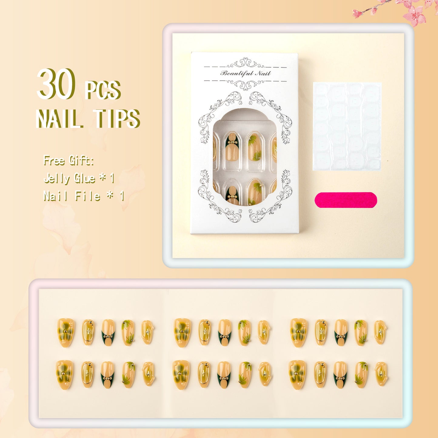 Artificial nail set with filigree floral accents Acalora