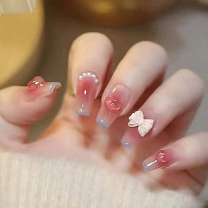 Decorative Press-On Nail Set with Bow and Pearls Acalora