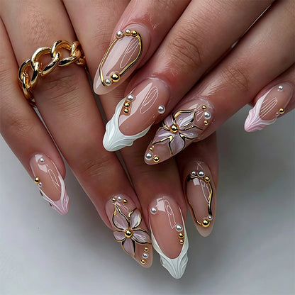 Artificial nail set with elegant floral designs and glamorous 3D applications Acalora