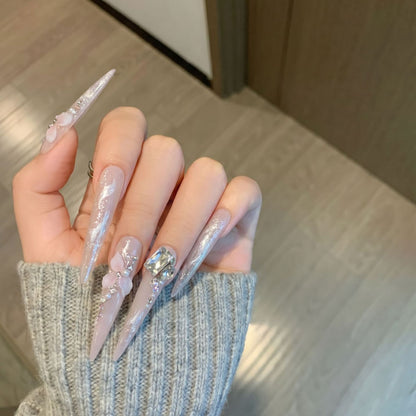 Artistic Decorative Stiletto Press-On Nail Set with Floral Accents Acalora