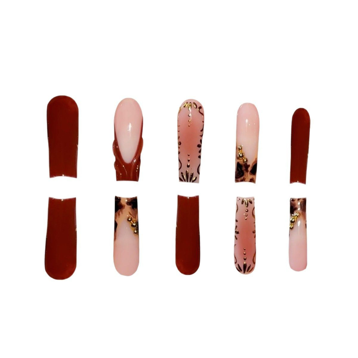 Artistic Long Press-On Nails with Elegant Gold Accents Acalora