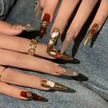 Artistic Press-On Nail Set with Luxury Gemstone Accents Acalora
