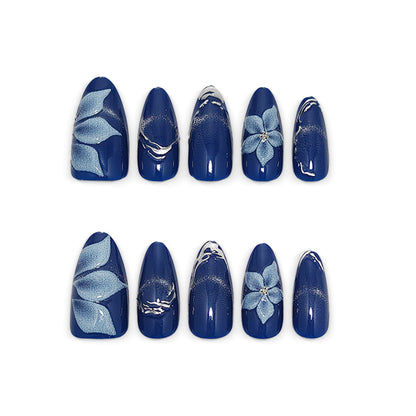 Acrylic Nail Set with Elegant Blue Ombre and Floral Design Acalora