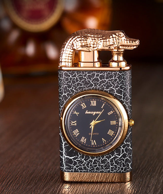 Brehn Lighter with quartz watch, metal punch, windproof lighter with blue flame and alligator head