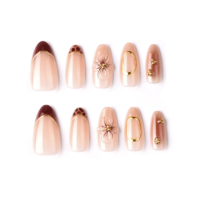 Artificial Nail Set with Floral and Elegant Gold Decorations Acalora