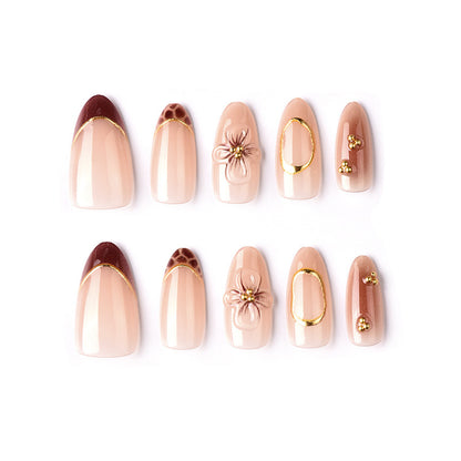Artificial Nail Set with Floral and Elegant Gold Decorations Acalora