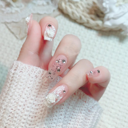 Acrylic nail set with elegant 3D flower and glitter decorations Acalora