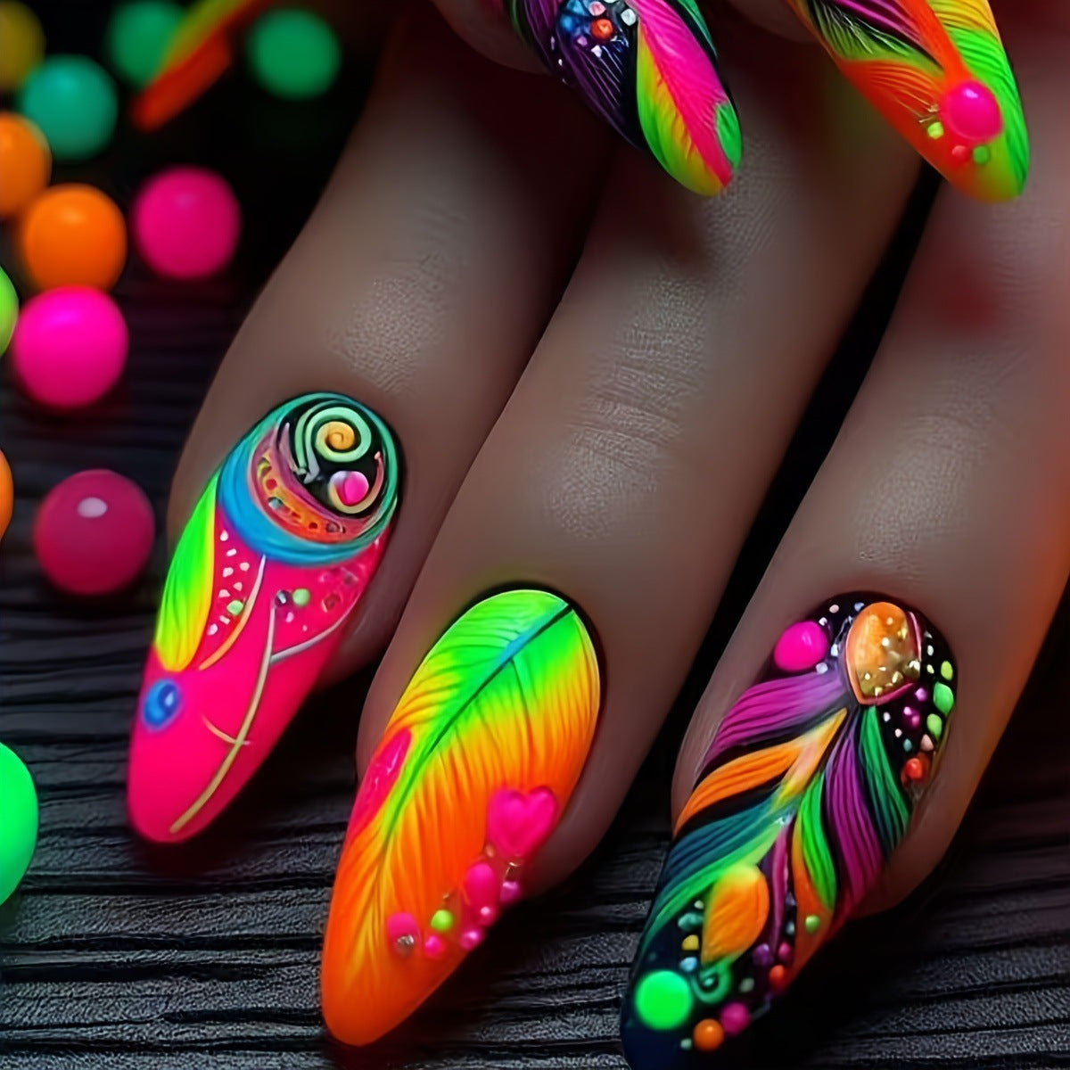 Artistic Neon Feather Nail Art Acalora