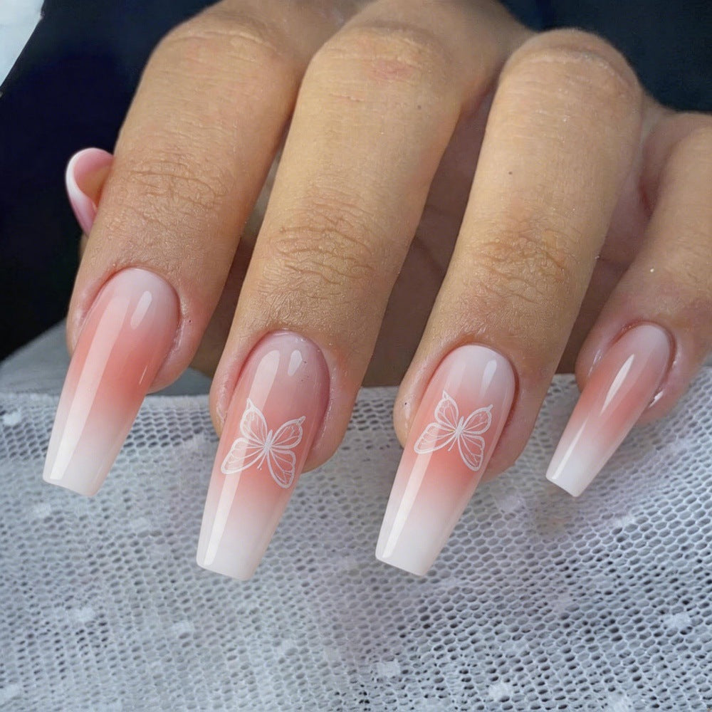 Trendy Artificial Nails with Ombre Effect and Butterfly Designs Acalora