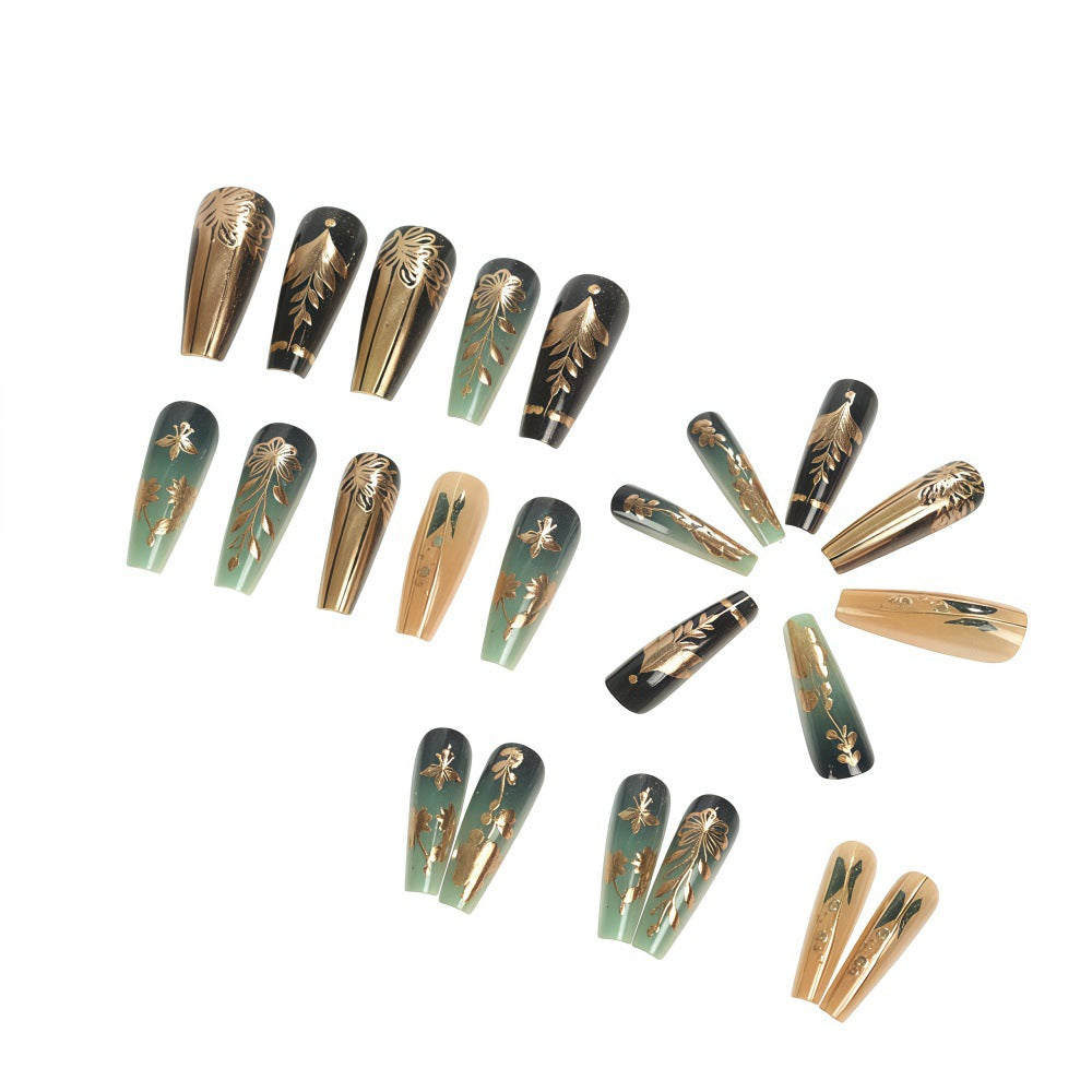 Artificial nails with floral gold embellishments Acalora