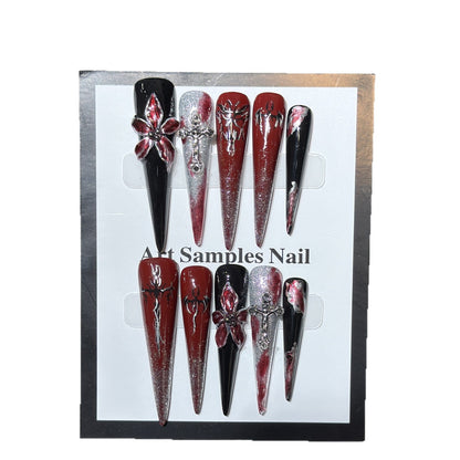 Artistic Stiletto Press-On Nail Set with Unique Gothic Design Elements Acalora