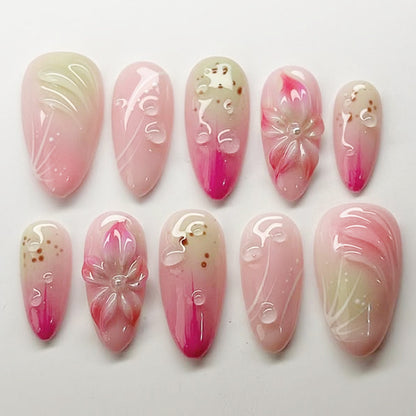 Artistic Press-On Nail Set with Floral Designs Acalora