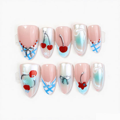 Decorative Press-On Nail Art Set with Charming Cherries and Delicate Accents Acalora