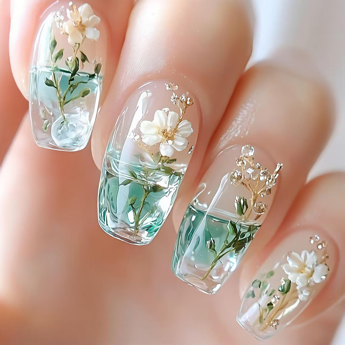 Floral Encased Gel Nail Art Acalora