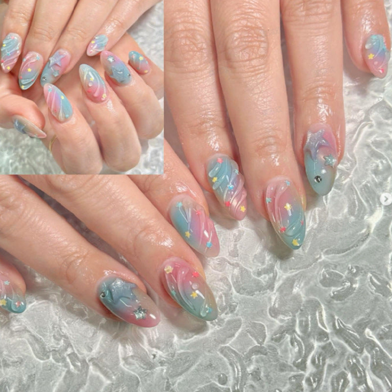 Artistic Press-On Nail Set with Star and Wave Design Acalora