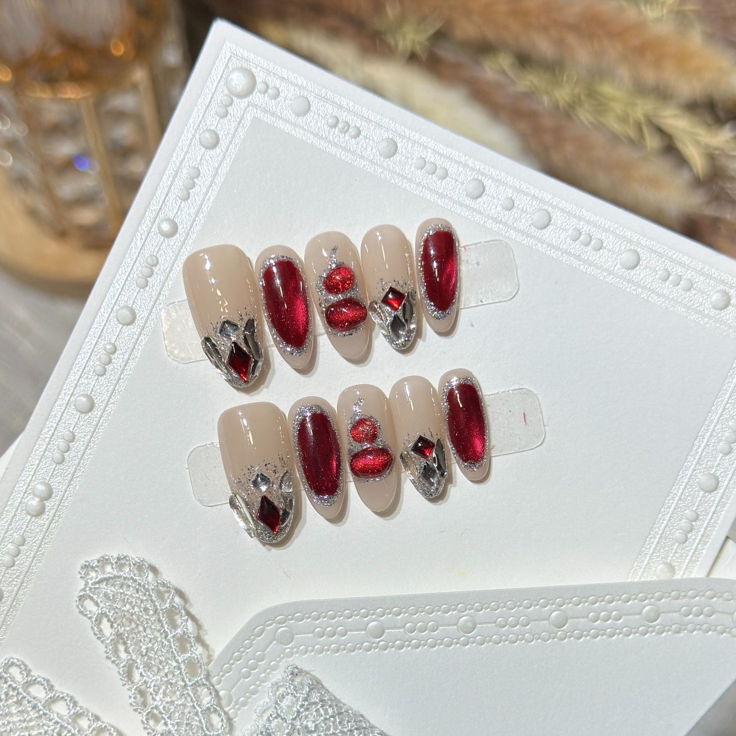Premium Decorative Press-On Nail Set with Gemstone Accents Acalora