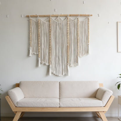 Macramé wall hanging with intricate fringes and wooden beads