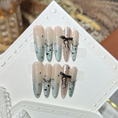 Elegant Stiletto Press-On Nail Set with Rhinestone and Bow Accents Acalora